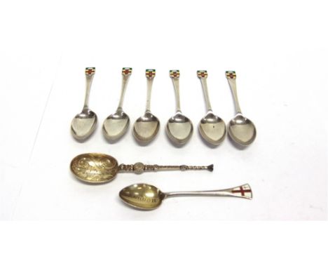 A SET OF SIX SILVER SOUVENIR SPOONS with enamelled finial; a London silver and enamel souvenir spoon; and a copy of the anoin