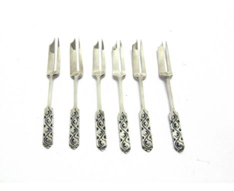 A MATCHED SET OF SIX LIBERTY & CO SILVER AND ENAMEL CAKE FORKS Birmingham, three 1935 and three 1938, total weight approximat