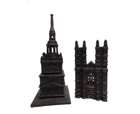 TWO CAST METAL MONEY BOXES  the first comprising the Independence Hall Tower Bank, with a bronzed finish, 23cm high; and the 