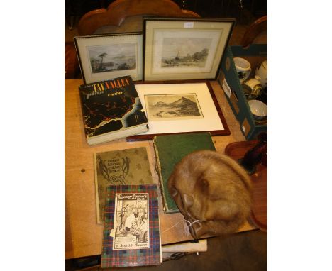 C.W. Wilkie Etching of Skye, 2 Engravings, Fur Hat, Dundee Books etc