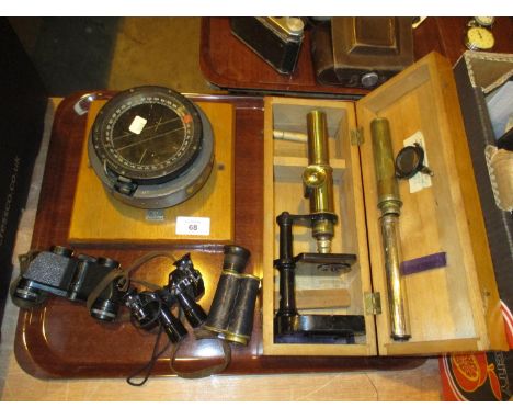 Vintage Microscope, Compass, Carl Zeiss Scope and 2 Pairs of Binoculars