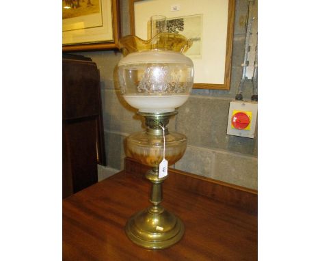 Victorian Brass Base Oil Lamp with Glass Reservoir, Shade and Funnel