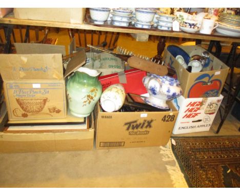 Various Boxes of Ceramics, Glass, Pictures, Walking Stick, Model Boat etc