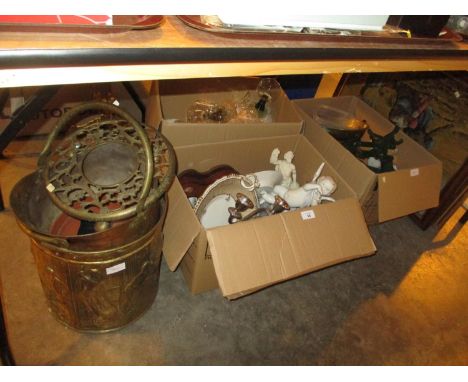 Pictures, Hall Table, Brass and Copper Kitchen Scales and 3 Boxes of Ceramics and Glass