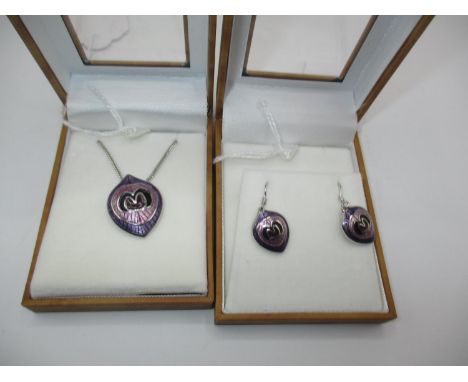Silver and Enamel Peacock Feather Necklace and Earring Set