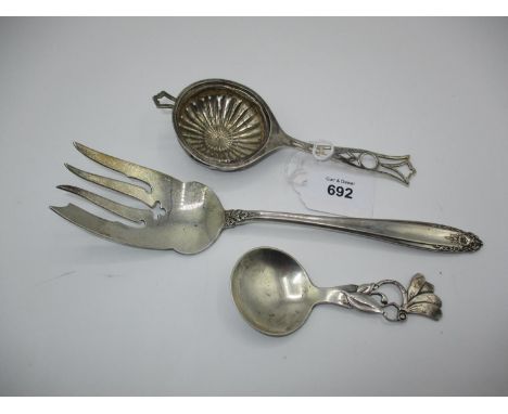 Frigast Denmark Sterling Silver Spoon, Sterling Silver Tea Strainer and Serving Fork, 138g total