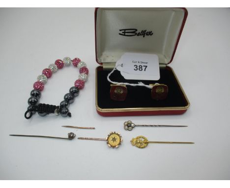 Pair of Cufflinks, Bracelet and 4 Stick Pins, one broken