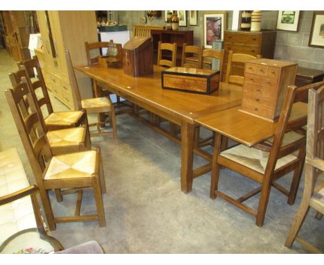 Modern Rustic Style Refectory Dining Table with 2 Leaves and 10 Ladder Back Chairs, table 220x100cm, each leaf 50cm