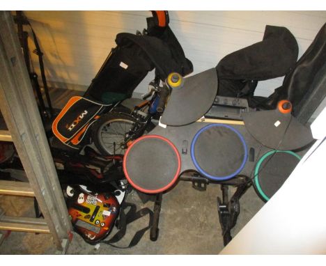 Two Childrens Golf Bags with Clubs, Caddy, Guitar, Cycle and Guitar Hero Guitars etc