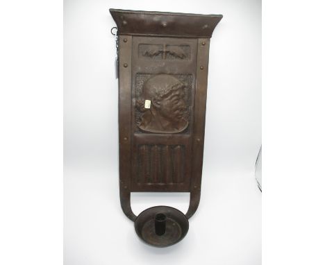 Arts &amp; Crafts Copper Candle Sconce having Embossed Portrait, 46x21cm
