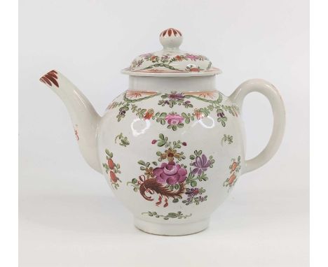 A Lowestoft porcelain teapot, circa 1780, of bullet form, enamel decorated in the manner of Thomas Curtis, h.16cmSmall nibble