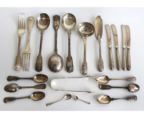 A collection of William IV and later silver flatware, mostly in the Kings Husk, Fiddle &amp; Thread pattern, comprising three