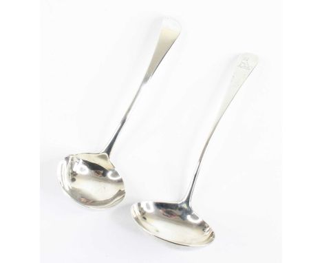A George III silver sauce ladle, in the Old English pattern, the bowl of deep oval form, the terminal engraved with a seated 