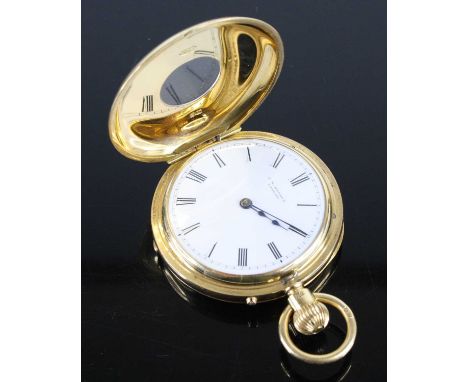 J. W. Benson of London - a lady's 18ct gold cased half hunter pocket watch, having a signed white enamel Roman dial, keyless 