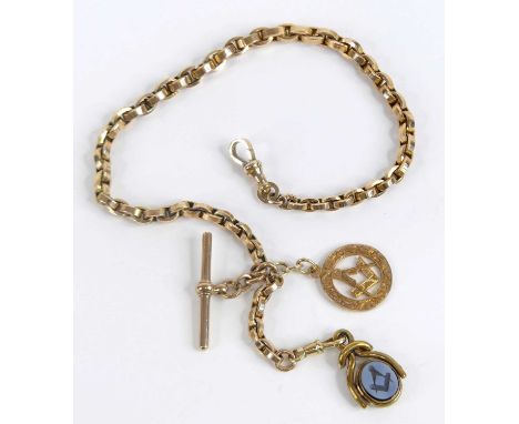A yellow metal heavy oval belcher link Albert chain with T-bar and swivel clasps, with 9ct gold engraved Masonic square and c