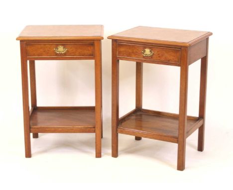 A pair of burr elm and burr yew cross banded lamp tables, each with further boxwood and ebony stringing, single frieze drawer