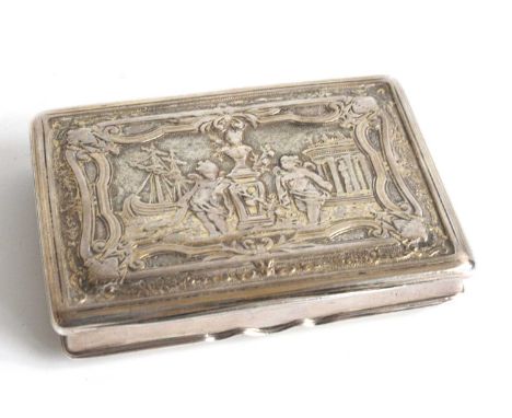 A 19th century continental silver-gilt snuff box, the hinged cover relief cast with cherubs beside an urn with classical temp