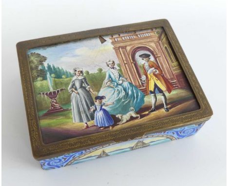 A 19th century continental gilt metal and enamel decorated trinket box, of rectangular form, each exterior and interior side 