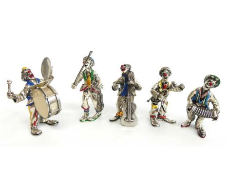 A group of five late 20th century Italian silver and enamel clown musician figures, designed by Vittorio Angini for Sorini, A