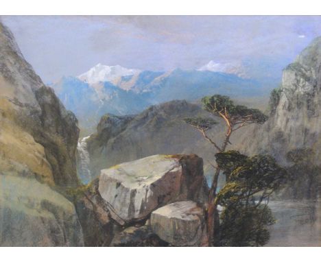 Henry Bright (1810-1873) - A mountain landscape, pastel heightened with white chalks, 25.5 x 35.5cm, gallery label verso for 