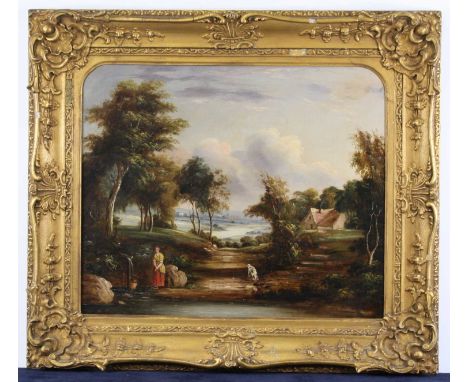 Robert Woodley-Brown (act. 1840-1860) - Pair; Lone figure on a mountain lake bridge, and Washer-woman before a pond in a land
