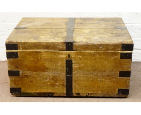 A metal bound pine trunk, 42cm high, 57cm wide (faults)