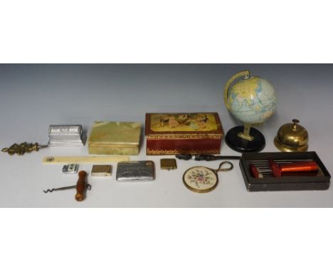 A selection of items to include: a tin globe by the Chad Valley Co Ltd, 21cm high; a brass bell push; a perpetual calendar; t