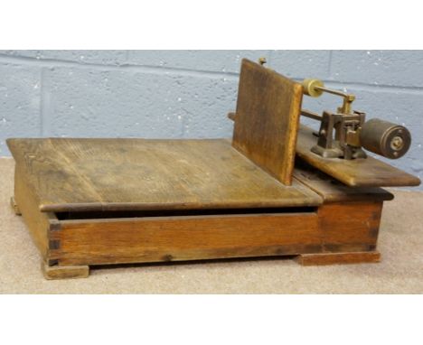 A set of large oak weighing scales, 31cm high, 59cm long, 50cm wide (faults)