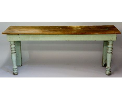 A painted pine console, the two front legs turned, back legs square, 76cm high, 50cm wide, 185cm long (faults)
