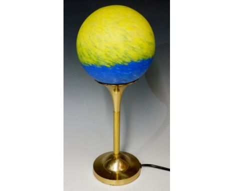 A Continental lamp with yellow and blue swirled glass shade, brass stem and foot, marked Heap, D-5800 Hagen, 36.5cm high