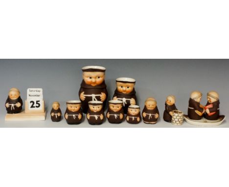 A quantity of Goebel Friar Tuck items, including jugs of various sizes, a calendar holder, salt and pepper duo, etc, bases ma