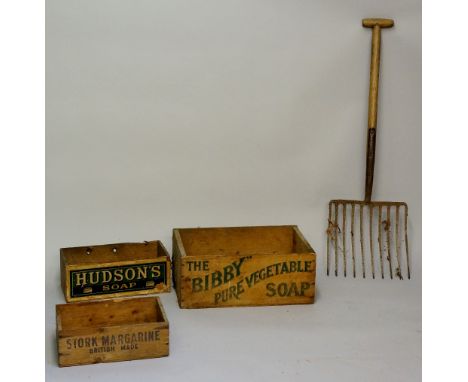 Three soap crates, 20cm high, 50cm wide, 34cm deep and smaller; together with a large garden fork, 108cm high  (faults)