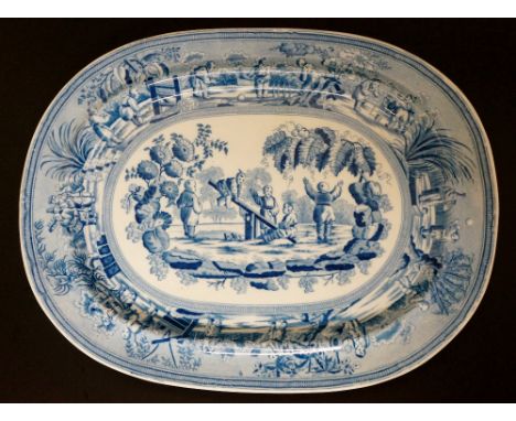 An ealry 19th Century pearlware oval meat plate transfer printed with Chinoiserie scenes of infants playing games within form