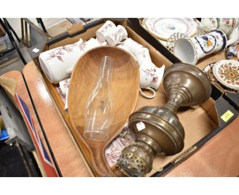 A hand painted tea set with an oil lamp etc