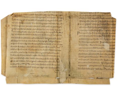 Substantial fragment of a bifolium - of St. Augustine on John, in Latin, manuscript on parchment...  of St. Augustine on John