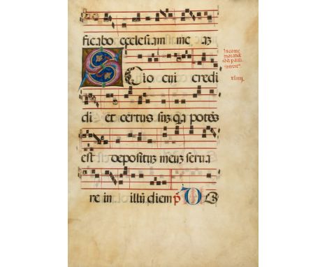 Large initial 'S' formed of two fish, - on a very large leaf from a manuscript Gradual on parchment [Italy  on a very large l