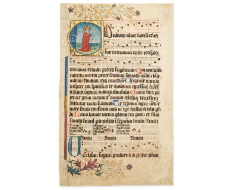 God creating the stars, - historiated initial on a leaf from an illuminated Hymnal, in Latin  historiated initial on a leaf f