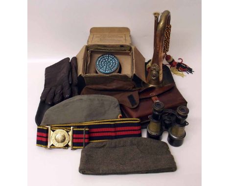 Leather helmet, two forage caps, royal Logistics Corps belt bugle binoculars etc. Condition report: see terms and conditions.