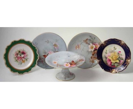 Royal Worcester comport and two plates, painted with flora on grey grounds, also two other floral plates (5) Condition report