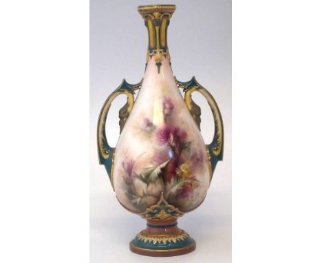 Royal Worcester Hadleys ware twin handled vase, (some neck restoration) 34cm high Condition report: see terms and conditions.
