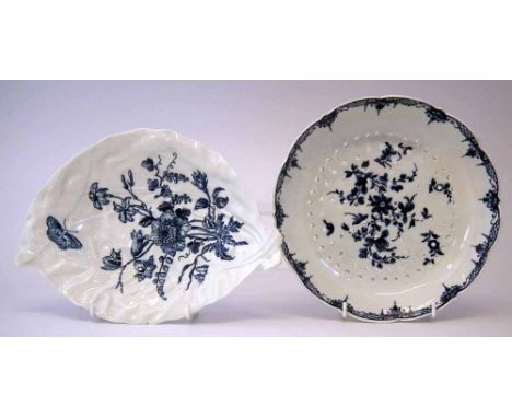 Worcester leaf dish circa 1770, also a strainer, (the leaf dish has hairline crack and a small chip, the stainer has some res