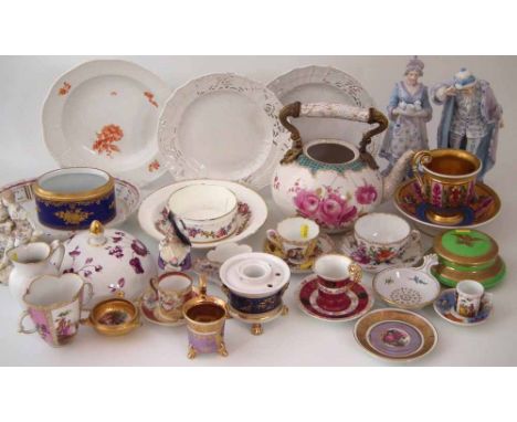 Collection of Continental porcelain including seven cabinet cups and saucers, Sevres butter dish base, Berlin bowl and two pl