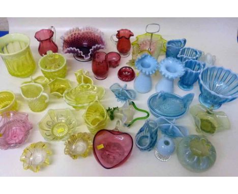 Collection of blue and yellow glass, various ruby glass and other Stourbridge press coloured glass. Condition report: see ter