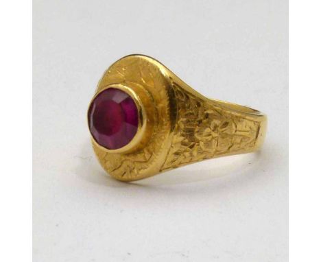 Unmarked gold and synthetic ruby single stone ring Condition report: Gross weight 7.5g; light abrasion to the stone; nicks an