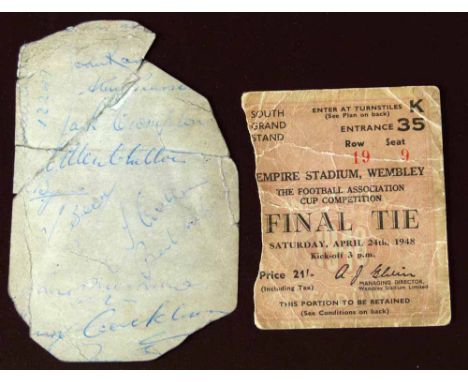 Manchester United ephemera 1948 cup final ticket and a fragment of a photograph with eight autographs including Roger Byrne. 