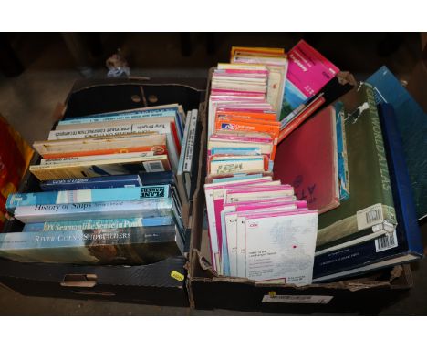 Two boxes containing books relating to shipping, Ordnance Survey maps and atlases
