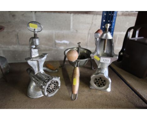 Two French vintage mincers and a Moulinette purifier