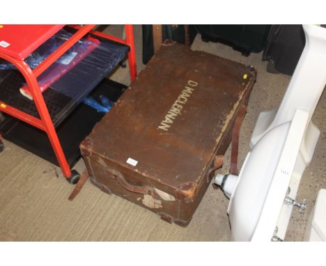 A canvas and leather bound trunk, named to Dean Maclennam