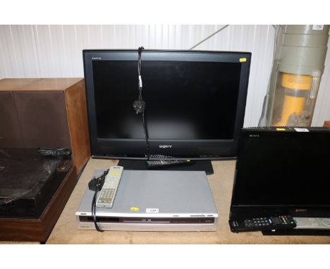 A Sony flat screen television and remote control together with a Sony DVD recorder and remote control