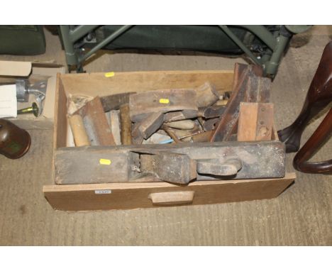 A box of vintage tools including jack planes, moulding planes, hand brace etc.